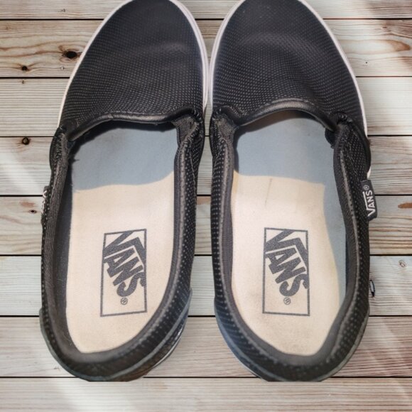 VANS - Men's 6.5 Women's 8 - Classic Slip-On - Perforated Black Leather Shoes - Picture 4 of 7